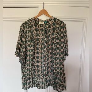 Anthropologie Green and Cream Bird Blouse